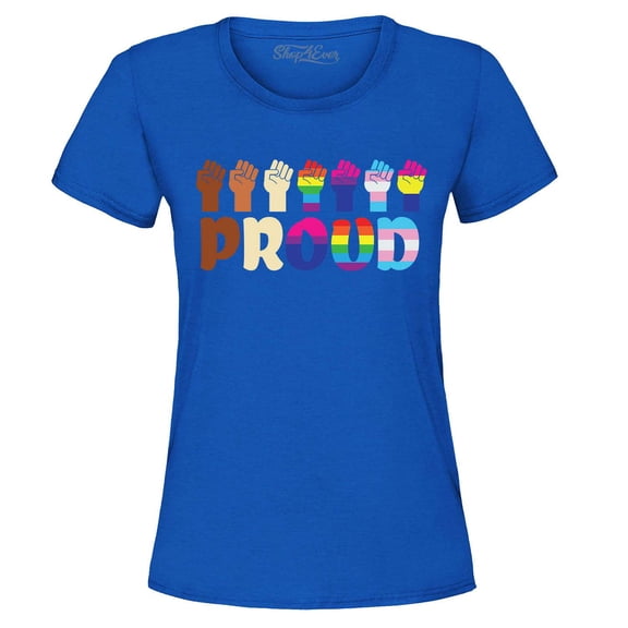 Shop4Ever Women's Proud Fists Rainbow Gay LGBTQ Community Diversity Graphic T-Shirt Medium Royal Blue