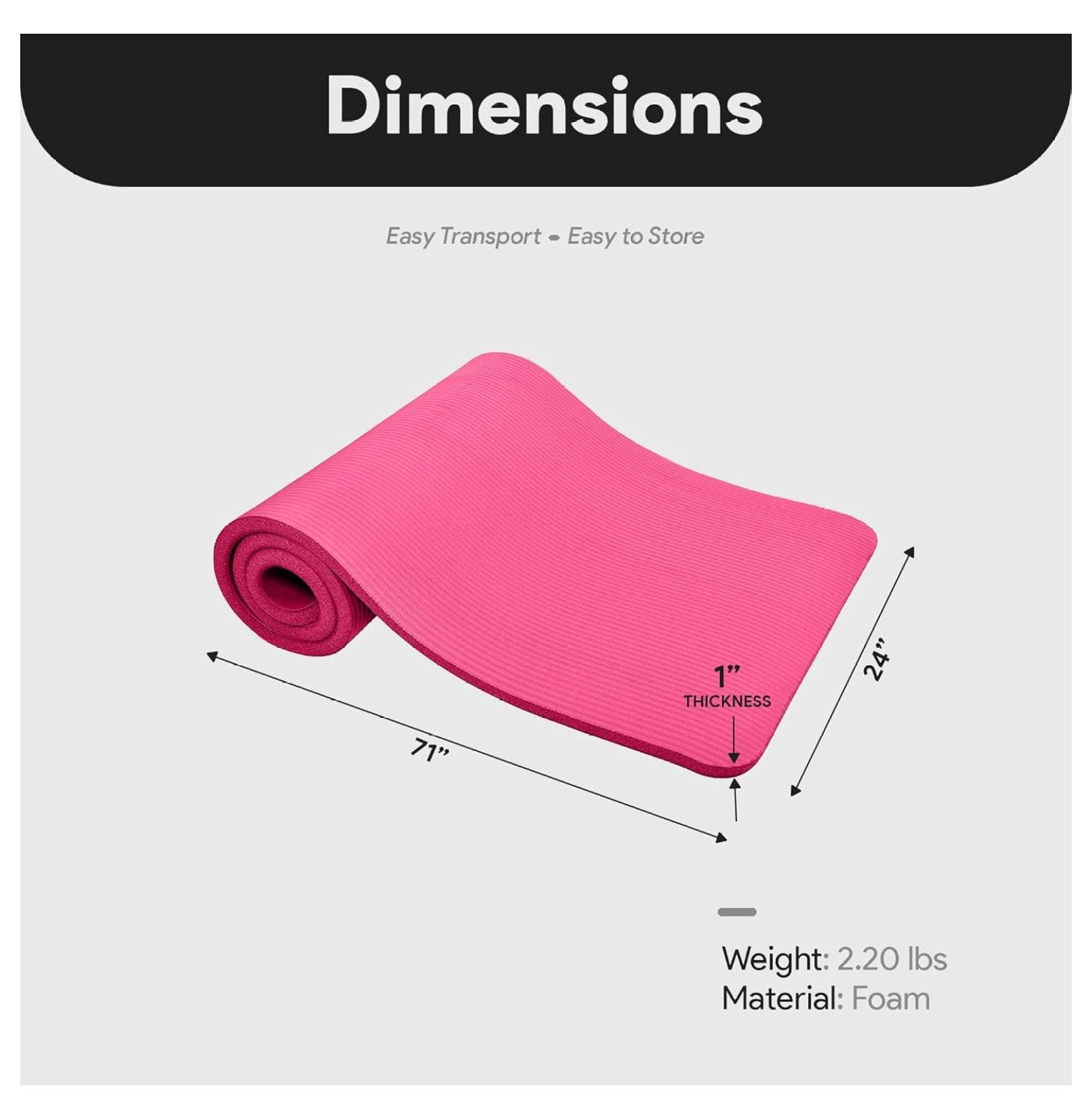 Yoga Mat 1 Inch Thick - Non Slip Exercise Mat with Strap - Extra Large 71x24in Pilates Mat for Women Men - Pink High Density Workout Mat for Floor