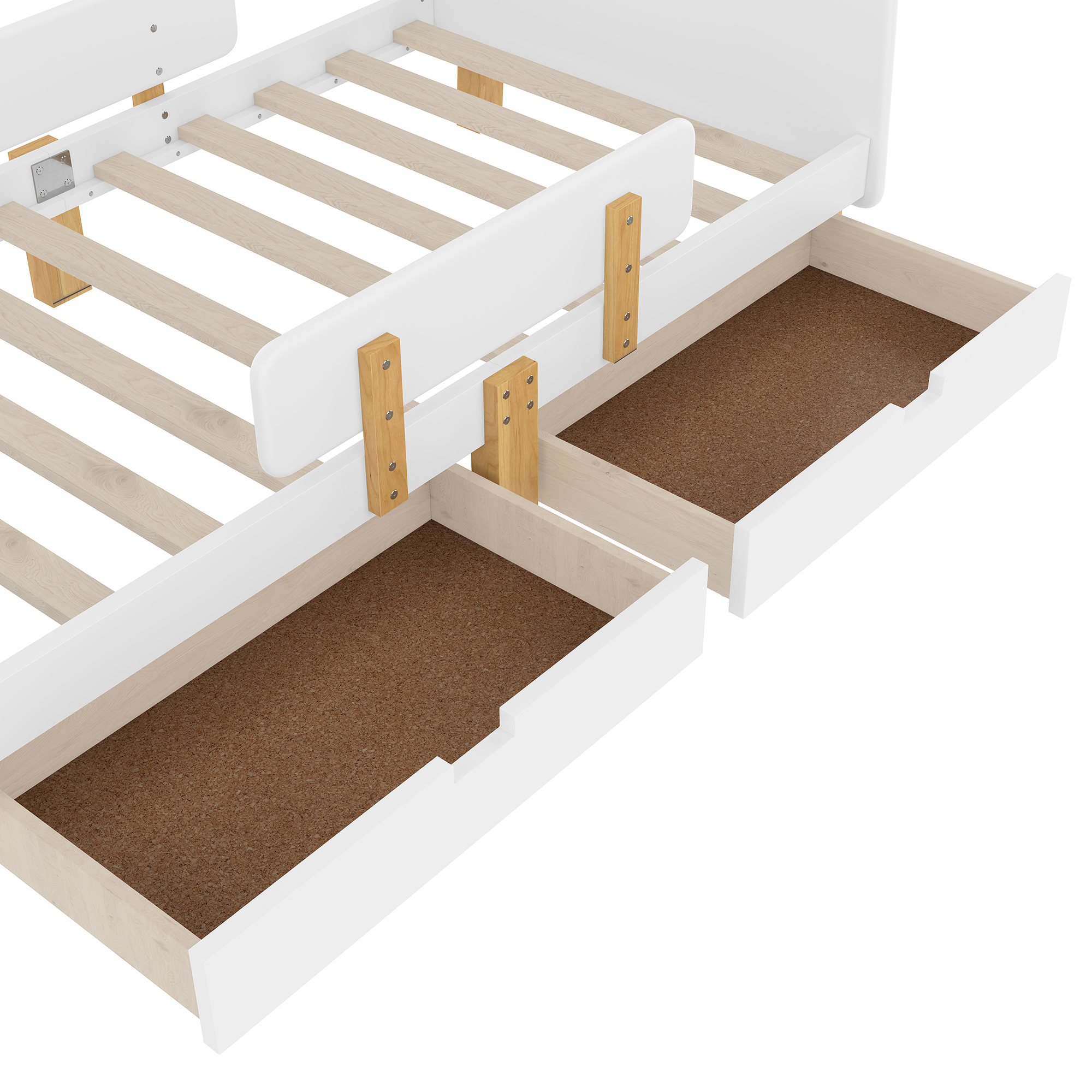 Miniyam Twin Bed with Storage Drawers, Guardrails, Footboard Shelf & Side Hooks for Kid, White