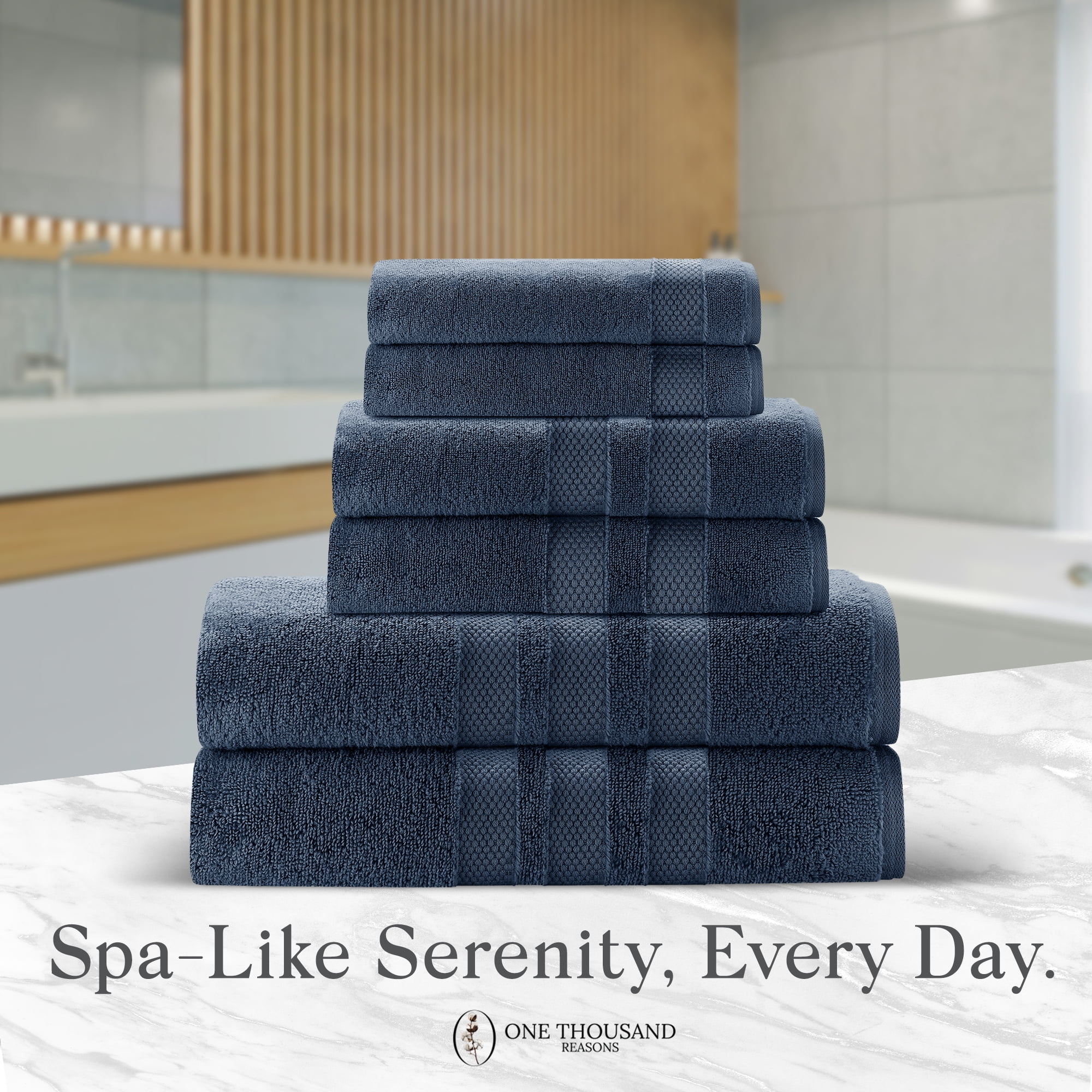One Thousand Reasons Superior Zero Twist 3 Stripe Towel Set | Bath, Gym, Hand Towels | Luxury & Soft Cotton - Midnight (6 Pieces)