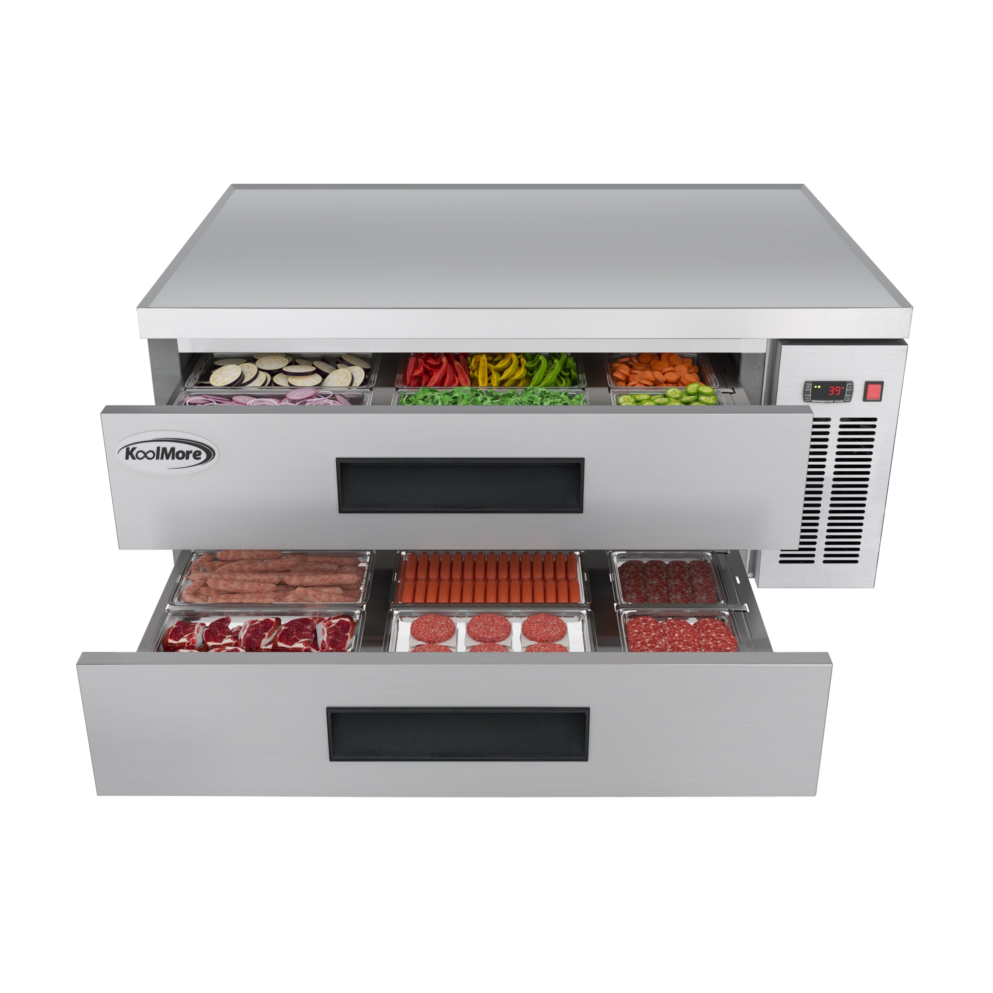 48 in. Commercial Chef Base Refrigerator Storage Cabinet for Cold Foods, Fresh Ingredients, and Condiments, Refrigerated Pull-Out Drawers, Rolling Caster Wheels, ETL Listed (KM-BR-482D)