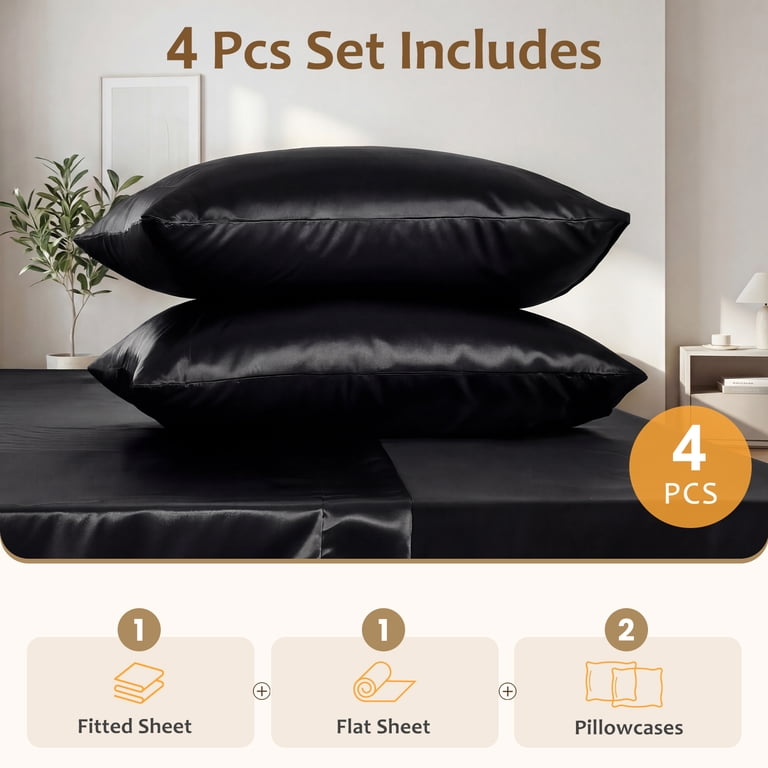 Vccoem Satin Sheets Set, Queen Size, 4 Pieces, Black photo 5
