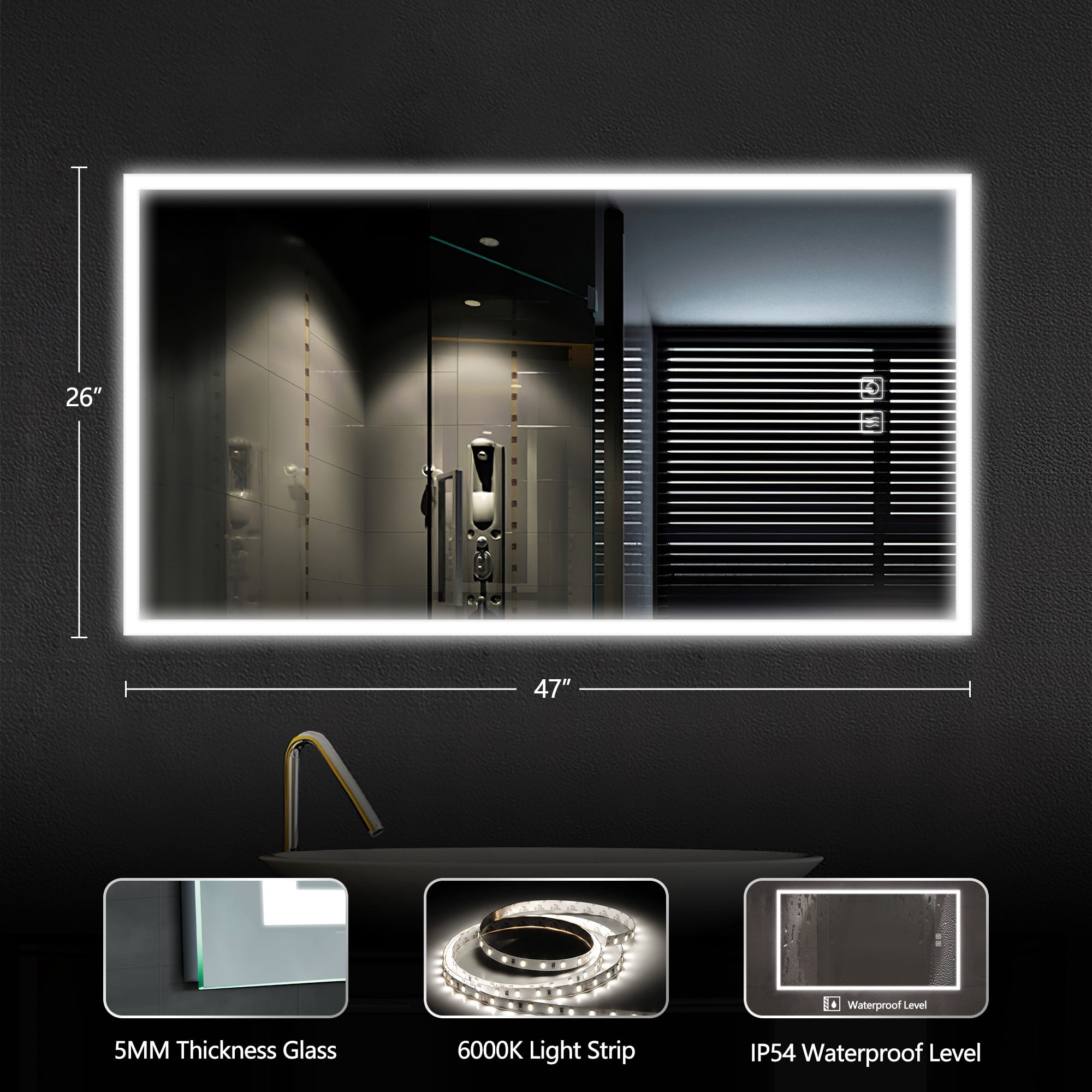 47"x26" Edge LED Lighted Wall Mounted Bathroom Mirror Modern Rectrangle Vanity Mirror with Anti-Fog,Silver