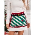 thumbnail image 3 of Women's Christmas Mini Skirts Belt Print High Waist Patchwork Knit A-line Skirts Fall Party Packaged Hip Skirts Streetwear, 3 of 9
