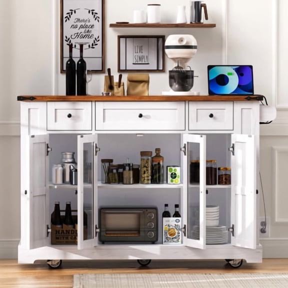53 Inch Kitchen Island, Farmhouse Rolling Cart with Power Outlet, Drop Leaf Side Table, Glass Cabinet Doors and Drawers, Storage Organizer, Kitchen Dining Room, White
