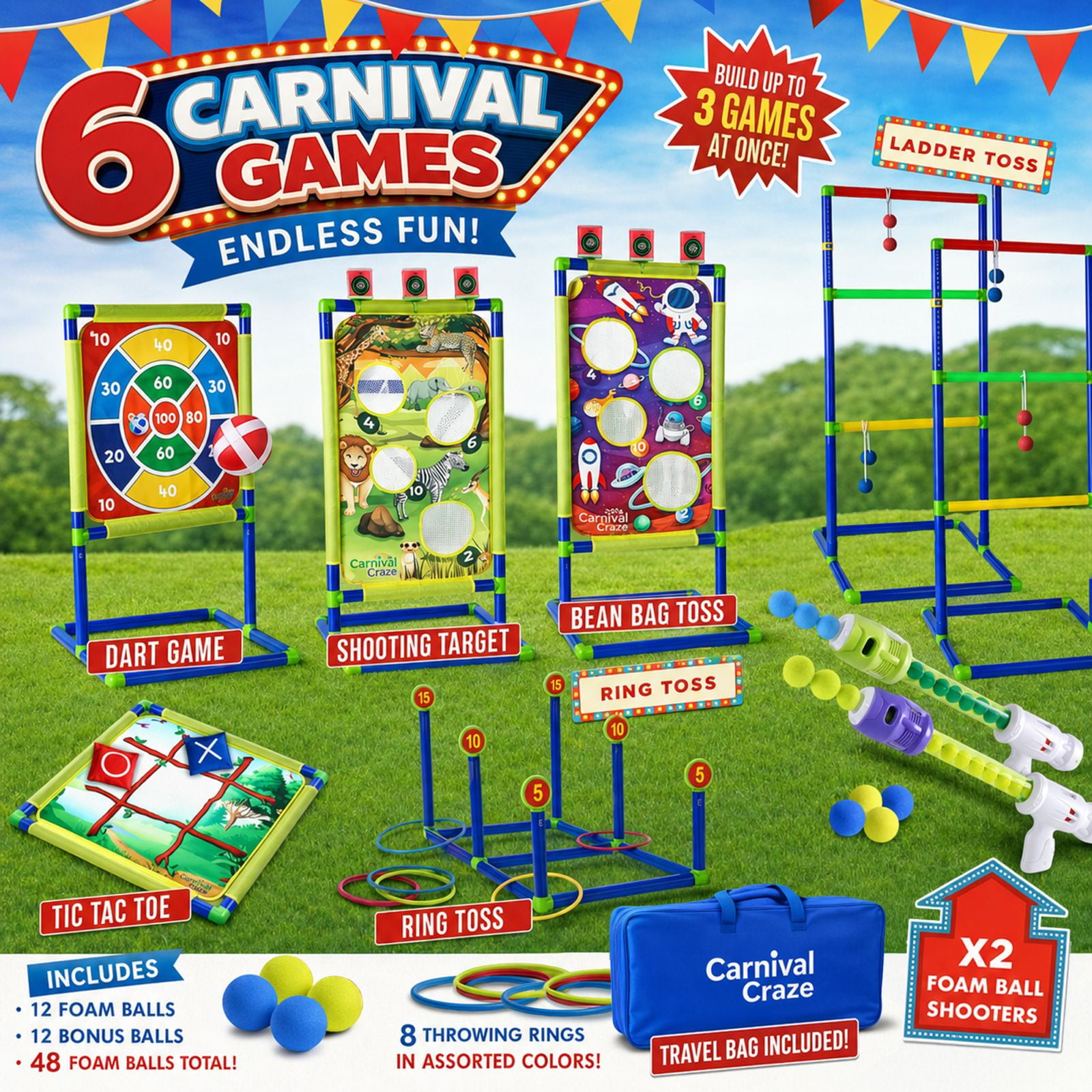 Carnival Yard Games for Kids - Ring Toss, Beanbag Cornhole, Ball Shooting Target Game, Ladder Toss, Darts Board, Tic Tac Toe, Birthday Party Activities, Backyard Outdoor Games and Indoor Family Fun