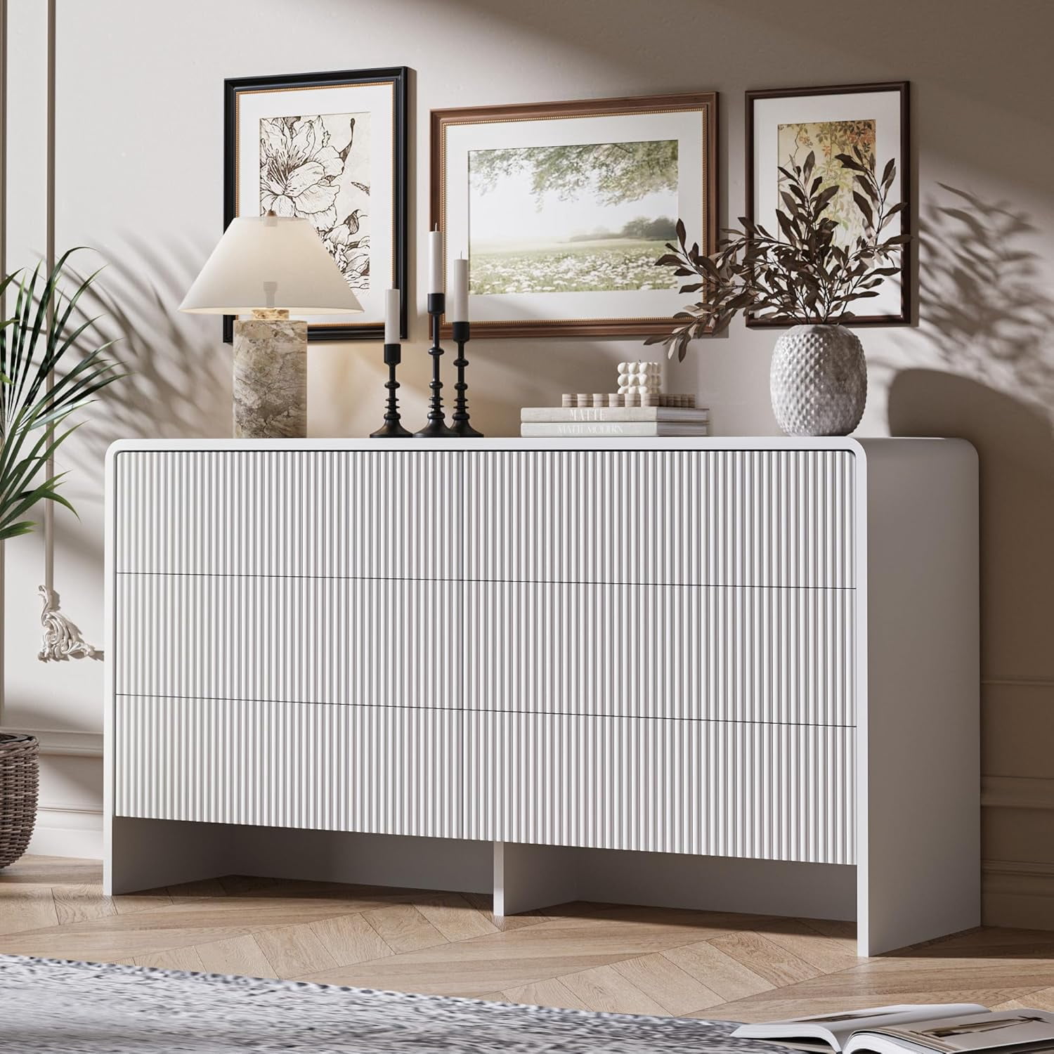 FURNIWAY White Curved 6 Drawer Dresser Push to Open Modern Curved Storage for Bedroom Living Room Closet