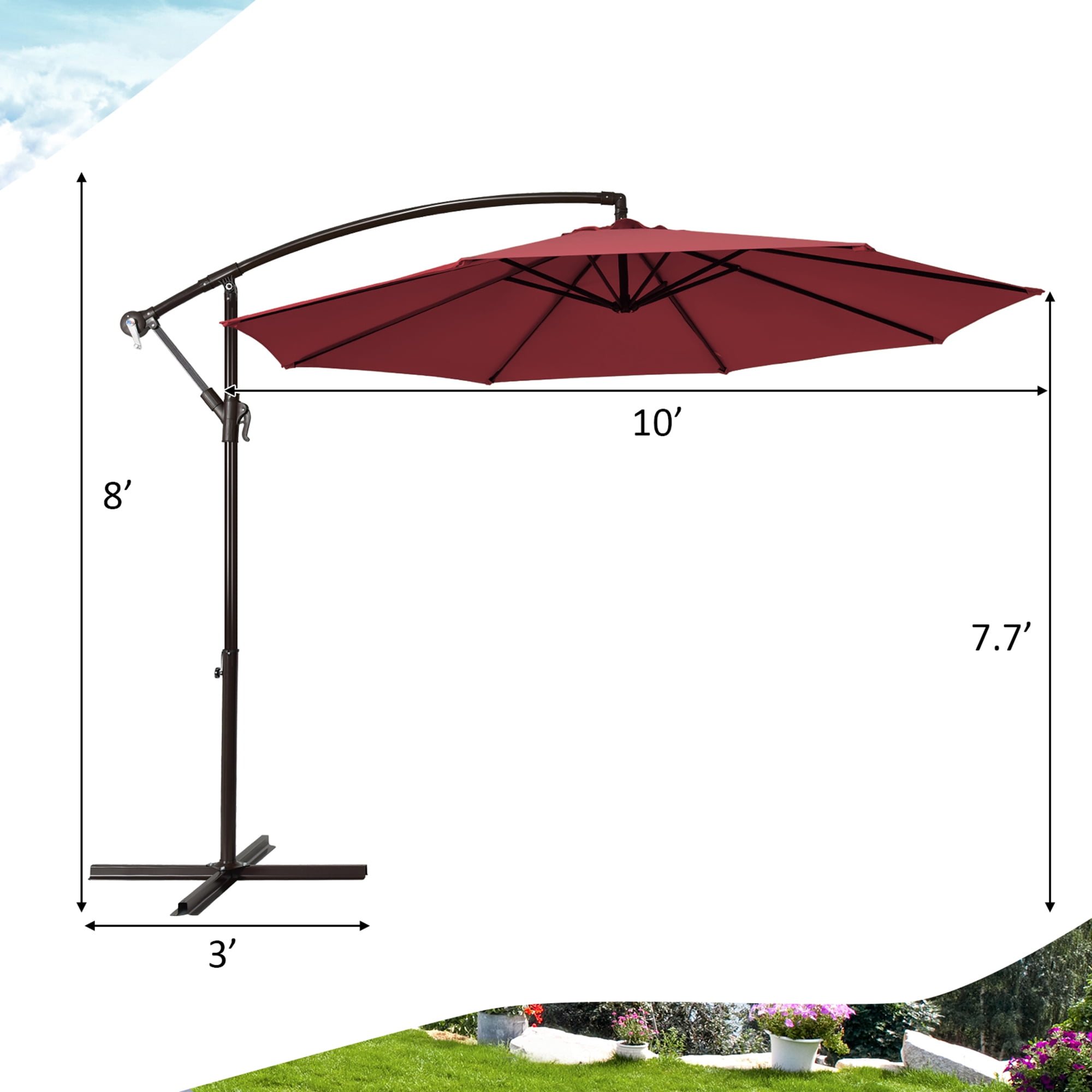 Gymax 10 ft Patio Cantilever Offset Umbrella Yard Garden Outdoor w/ 8 Ribs Burgundy