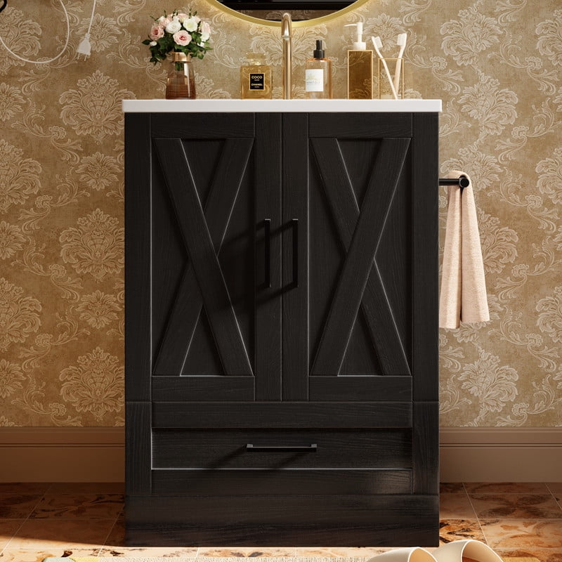 Lumihaven 24" Bathroom Vanity with Resin Sink, Freestanding Wood Vanity Cabinet with 2 Doors & 1 Drawer, Undermount Sink Storage Cabinet, Black