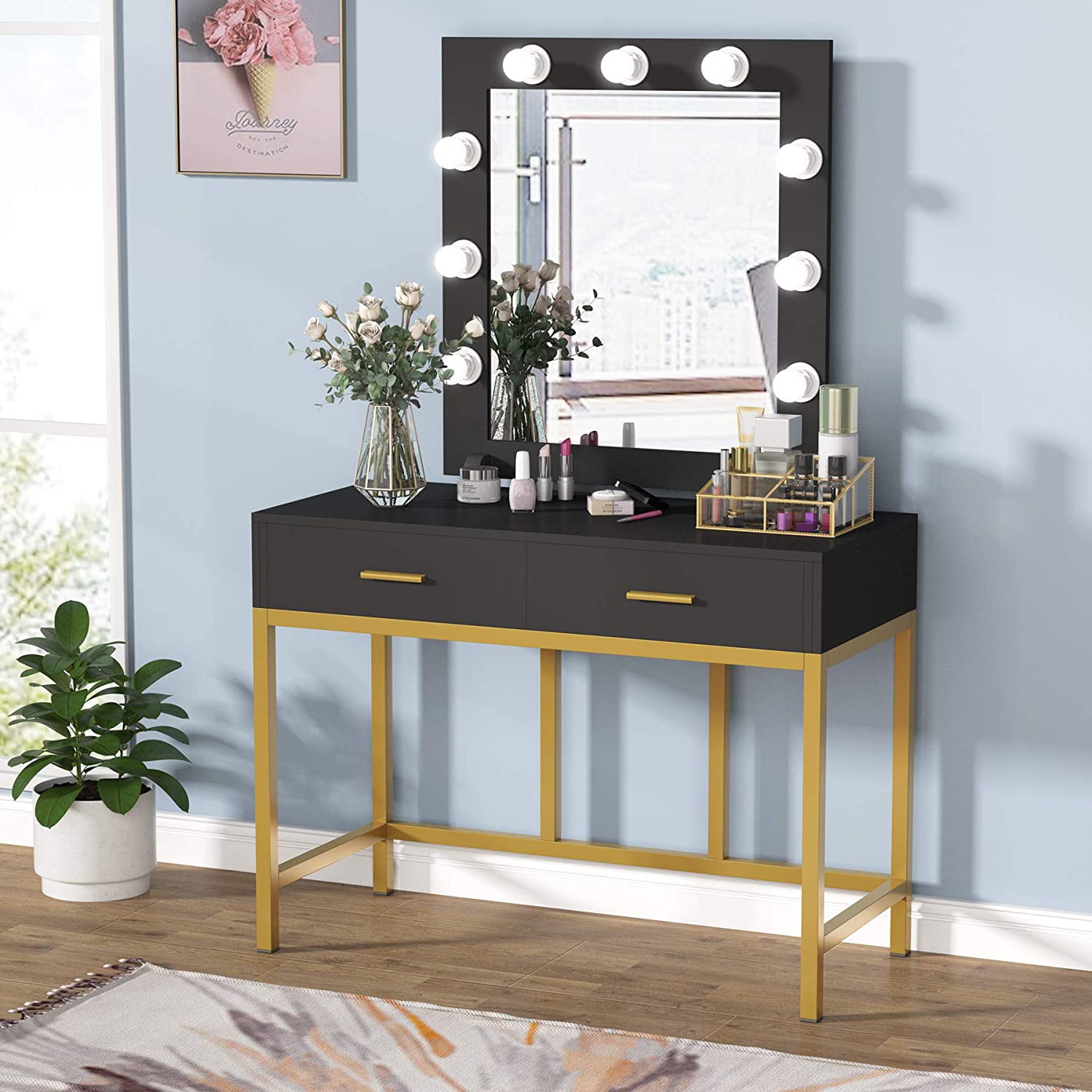 Tribesigns Vanity Table with 2 Drawers and 9 LED Bulbs, Makeup Vanity