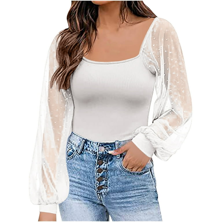 BLVB Women Mesh Puff Long Sleeve Shirts Tops Scoop Neck Slim