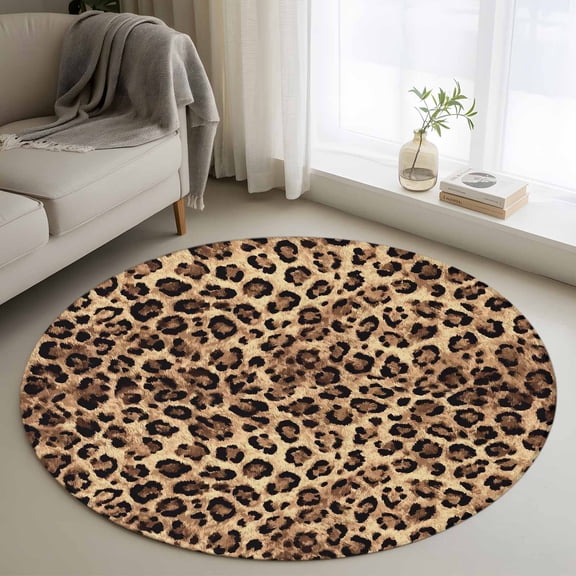 3ft Washable Round Rug, Leopard Print Non-Slip Circle Area Rug for Bedroom Bedside, Animal Abstract Retro Soft Indoor Floor Mat for Home Decor