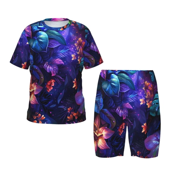 Balery Magic Colorful Forest Leaves Conjunto de Pijama Infantil de Manga Corta con Estampado – Ropa de Dormir de Algodón Suave-X-Large