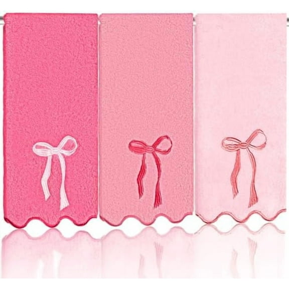 3Pcs 100% Cotton Bow Scalloped Hand Towels for Bathroom Embroidered Pink Bow Coquette Stuff Gifts Decorative Towels for Bathroom Kitchen Scallop Decor