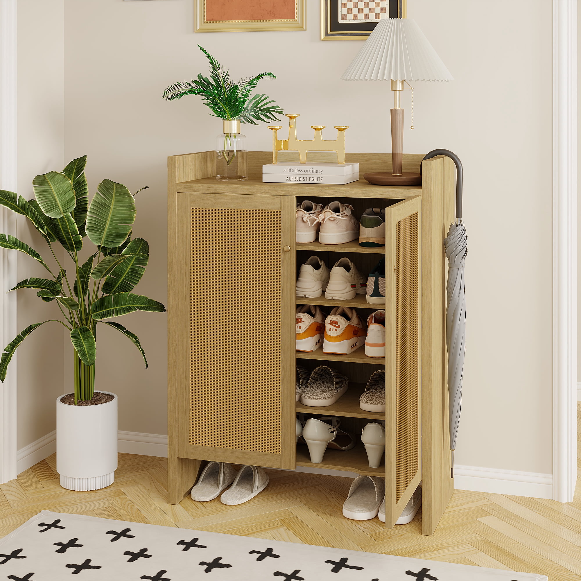 Mintazer 6 Tier Shoe Cabinet with Rattan Door & Umbrella Hook, Shoe Storage Organizer with Adjustable Shelves for Entryway Hallway Living Room, Natural