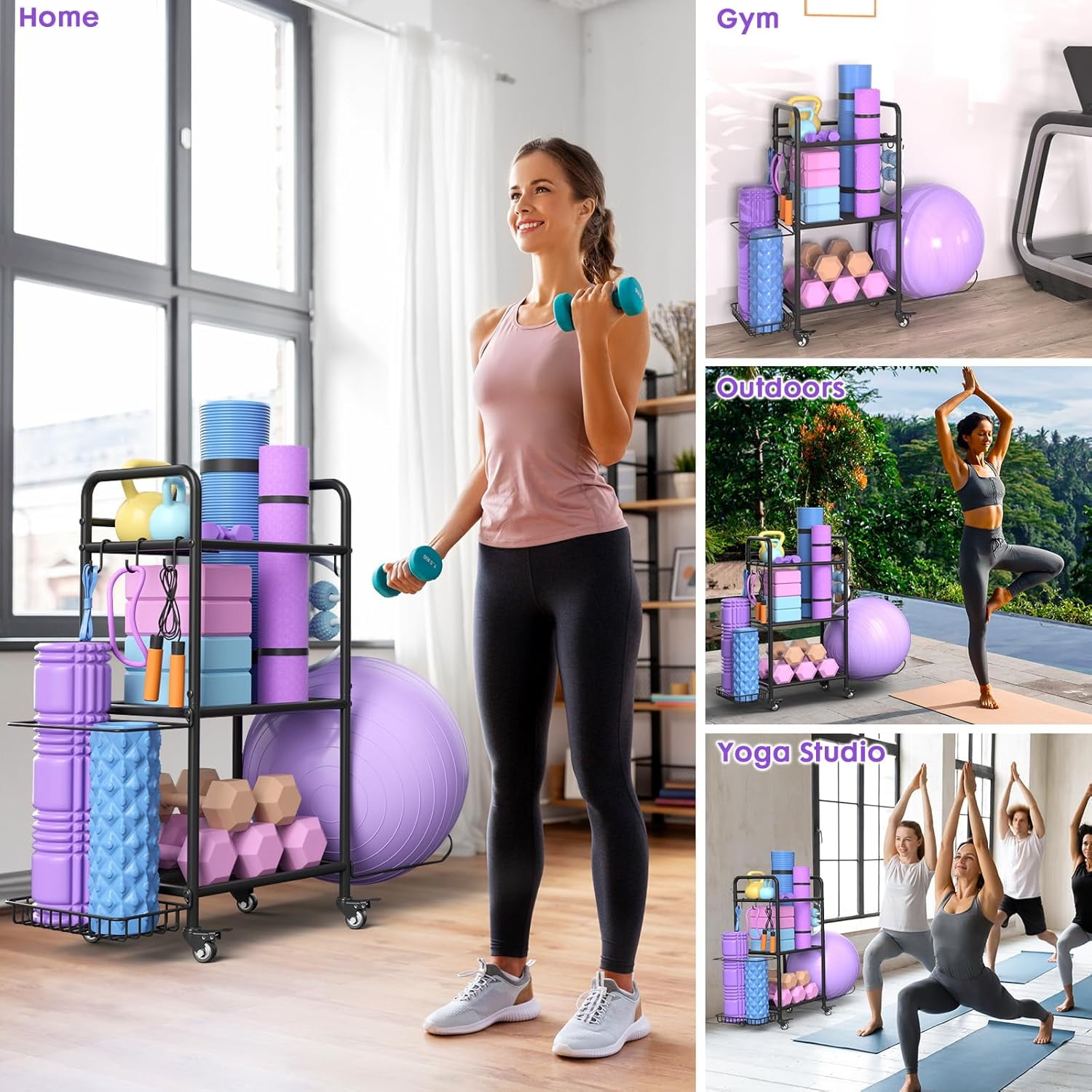 Home Gym Storage Rack Organizer for Yoga Mat Dumbbells Kettlebells Foam Roller Yoga Strap & Resistance Bands