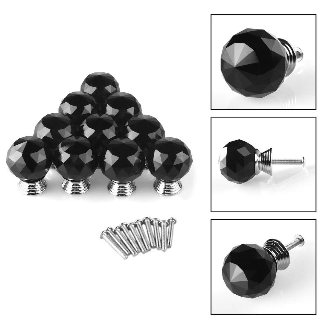 Uxcell 1.18'' Clear Crystal Glass Drawer Knob Cabinet Pull Handle Round Shape Black 10 Pcs