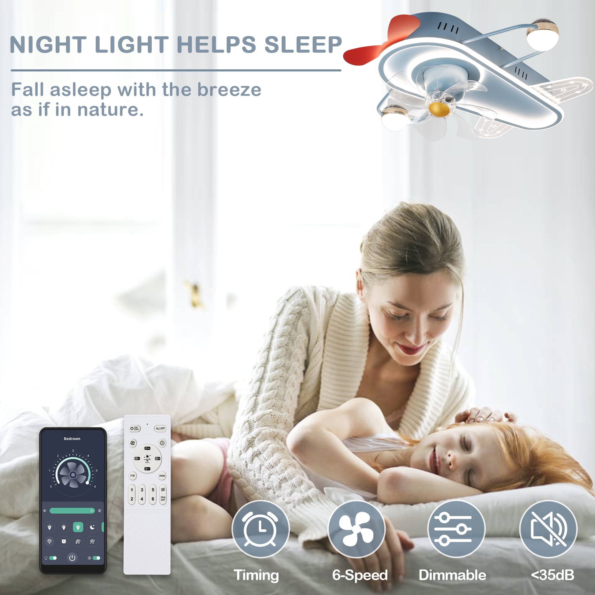 Cusp Barn 26 Inch Creative Plane aircraft Ceiling Fan With LED Light, Low Profile Flush Mount Ceiling Fan with Remote APP Control for Kids Bedroom