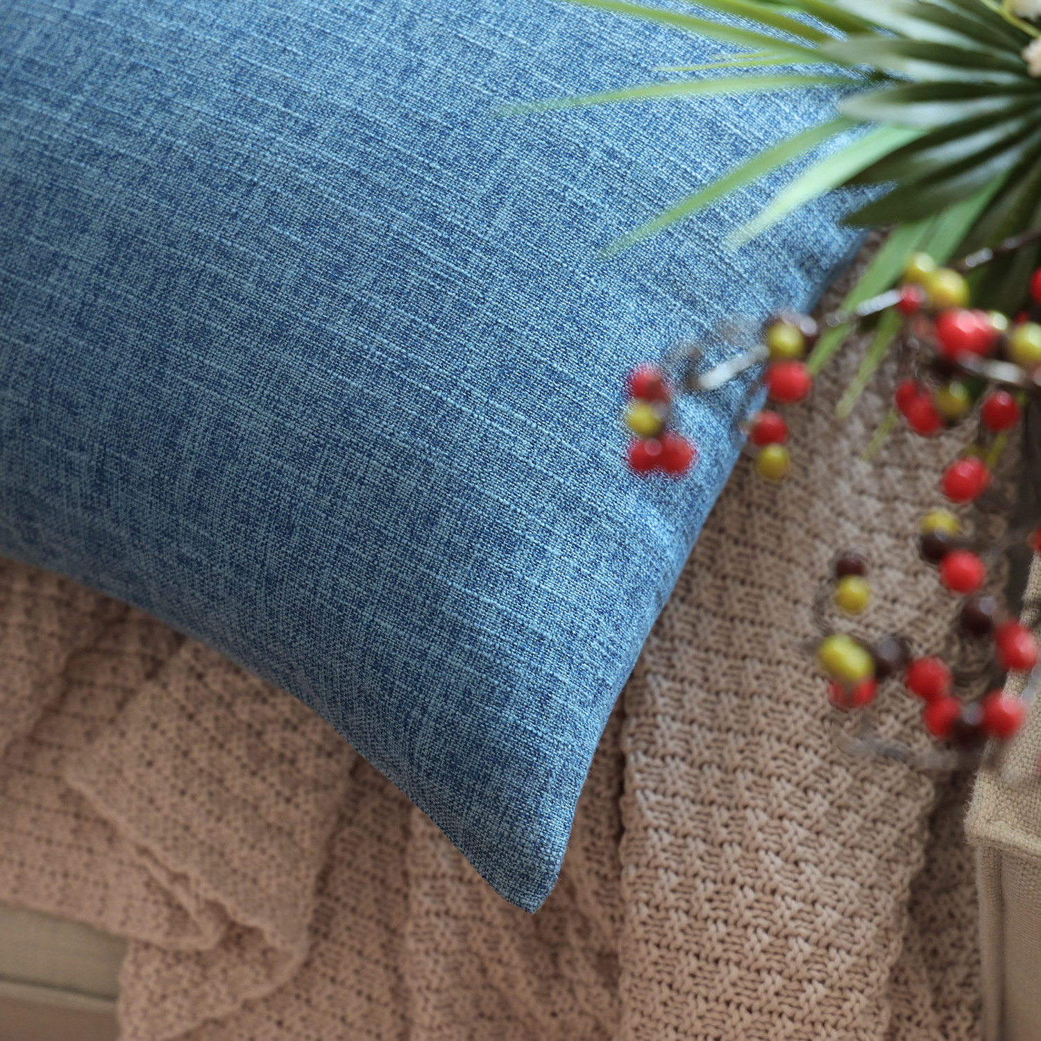 Phantoscope Textural Faux Linen Series Decorative Throw Pillow, 22” x 22”, Blue, 2 Pack