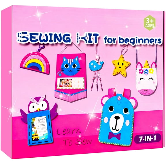 CandWuom Sewing Kit for Kids Arts & Crafts, Sewing Bag Kits for Beginners 7 Easy DIY Handbag Pouch Unicorn Projects, Learn to Sew & Felt Embroidery, Gift for Girls 3 