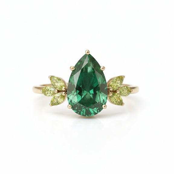 Elegant Pear Cut Emerald & Marquise Cut Peridot Engagement Ring, Emerald Anniversary Ring For Her, Green Gemstone Ring, Nature Inspired Ring, May Birthstopne Ring