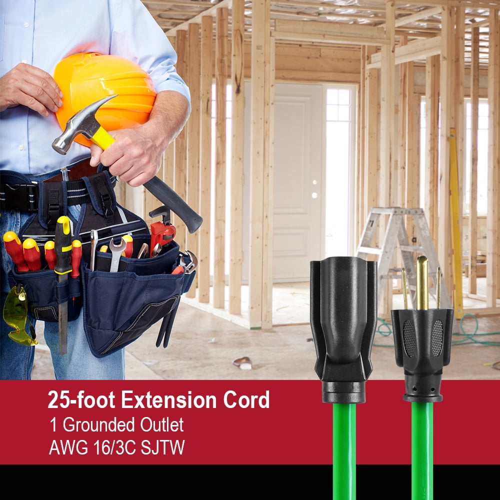 Hyper Tough 25 ft 16 AWG 3-Prong Single Outlet Outdoor Extension Cord, Hi-Vis Green, 125V 13A