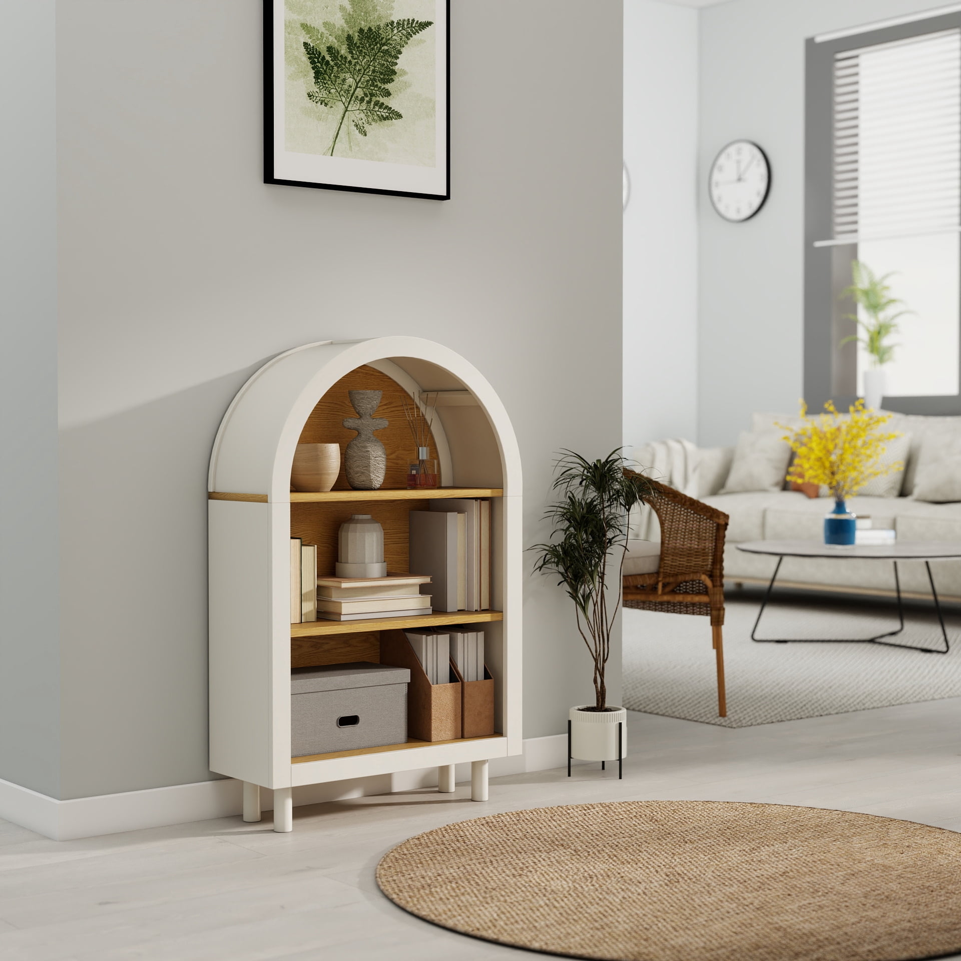 Arched Top Bookshelf, 3-Tier Open Storage Shelf with Two-Tone Finish, Solid Wood Legs Freestanding Display Rack for Living Room Bedroom Entryway