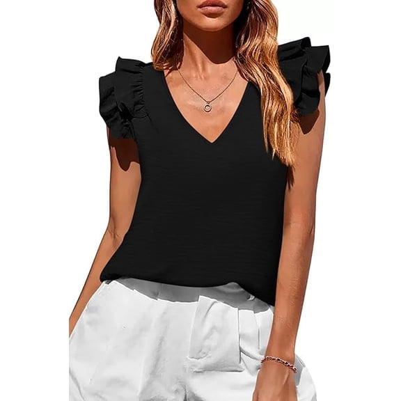 PRETTYGARDEN Womens Blouses Dressy Casual Summer V Neck Ruffle Cap Sleeve Business Work Tops Spring Teacher Shirts