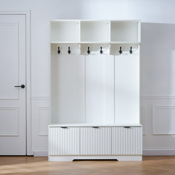 Three Tier Entryway Organizer With Open Shelves Hooks And Cabinet Warm White Modern Hall Tree For Small Spaces