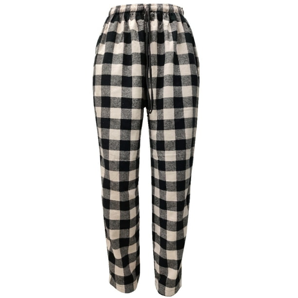 Pijamas de Franela a Cuadros de Algodón, Pantalón Largo con Bolsillos, Corte Recto para Mujer