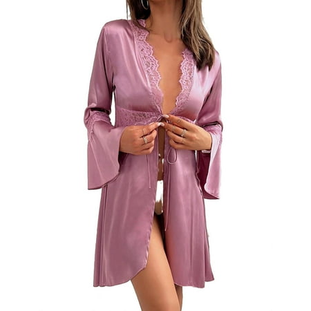 

Casual Plain Deep V Neck Long Sleeve Nightdress Purple Women Robes (Women s)