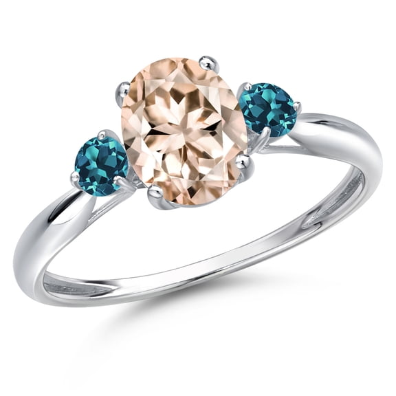 Gem Stone King 10K White Gold Peach Morganite and London Blue Topaz 3-Stone Ring for Women | 1.26 Cttw | Oval 8X6MM | Gemstone October Birthstone | Size 9