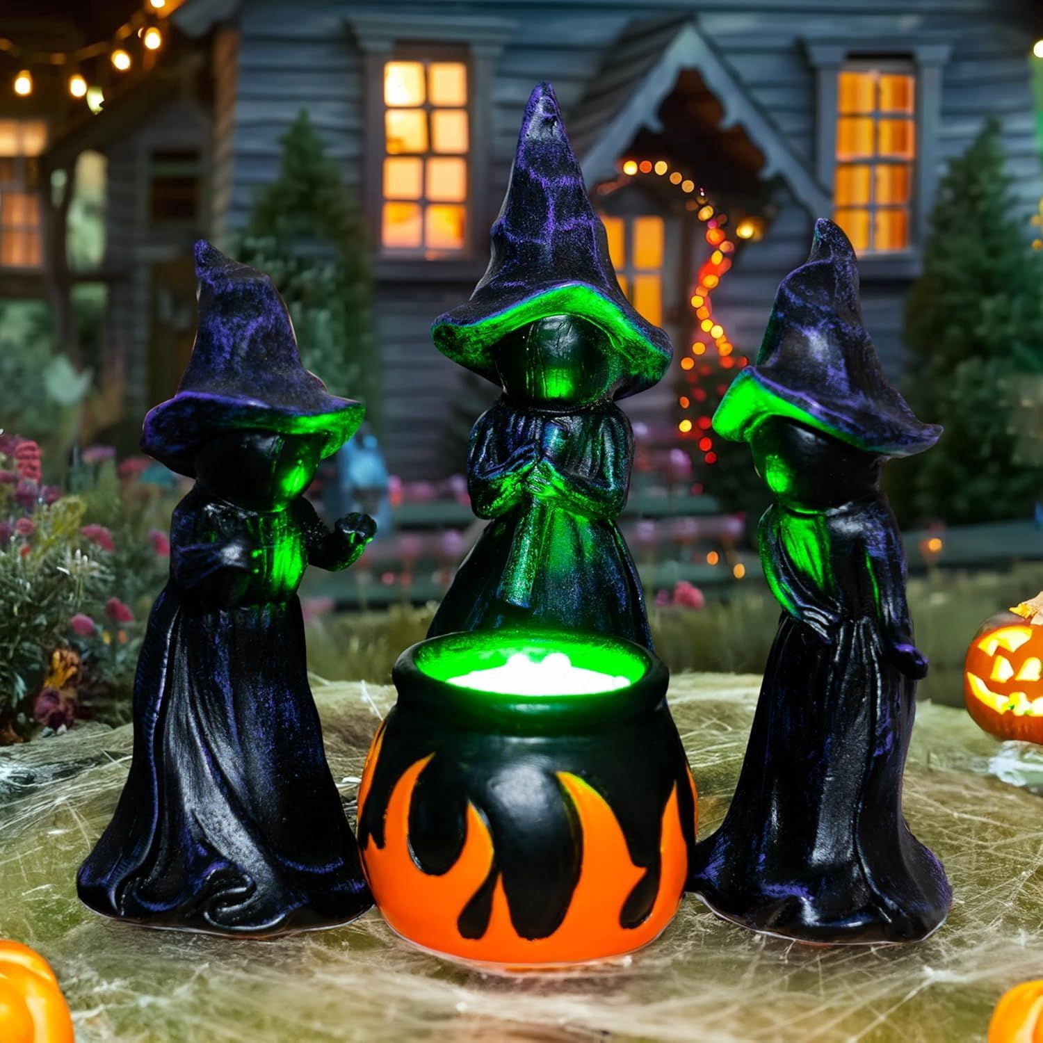 4 Pack Light Up Witch Cauldron Figurines with Green Glow for Halloween Decor