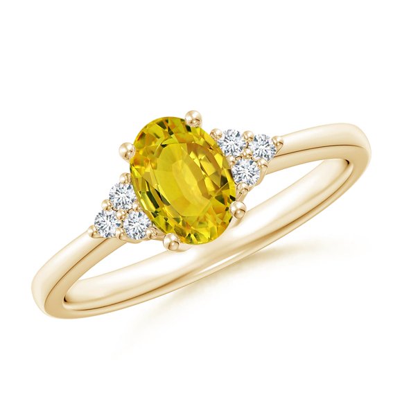 Angara Natural Yellow Sapphire Ring - Solitaire Oval 1 ct Yellow Sapphire Ring with Trio Diamond Accents in 14K Yellow Gold for Women (Ring Size = 6.5)