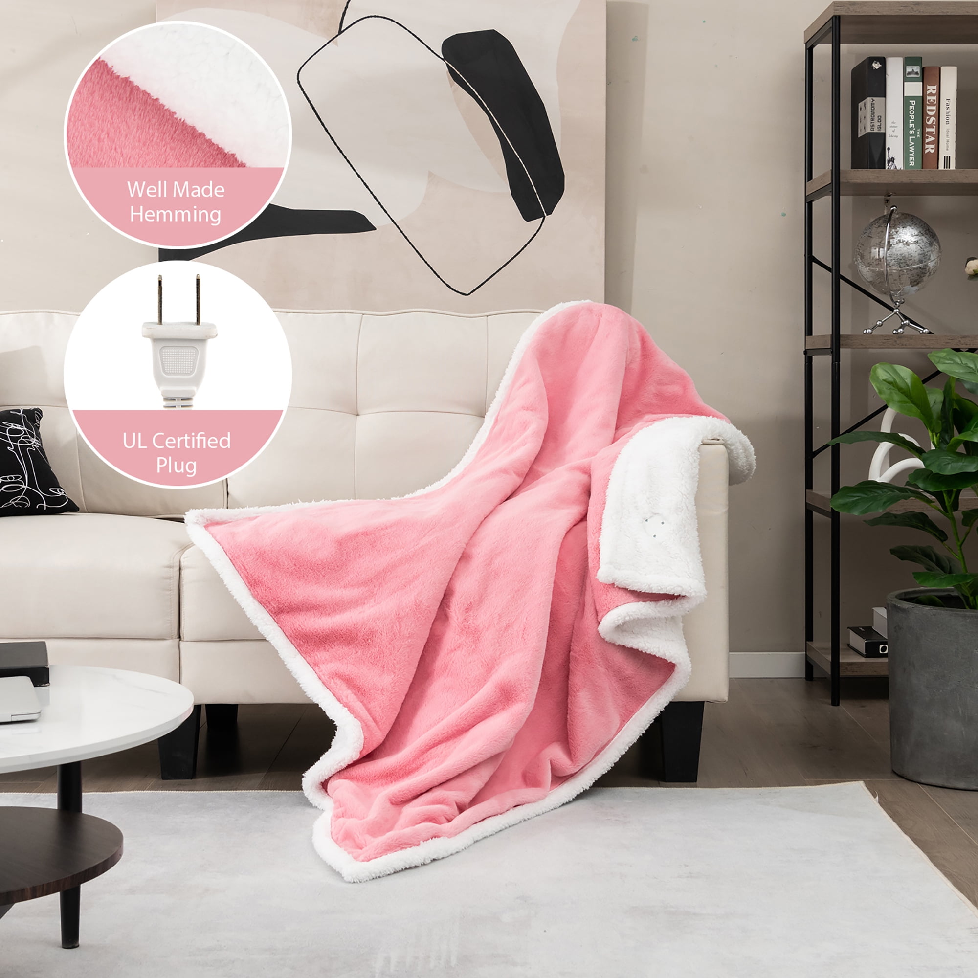 Costway 60''x50''  Heated Blanket Throw w/10 Heat & 9 Hours Time Settiings Pink