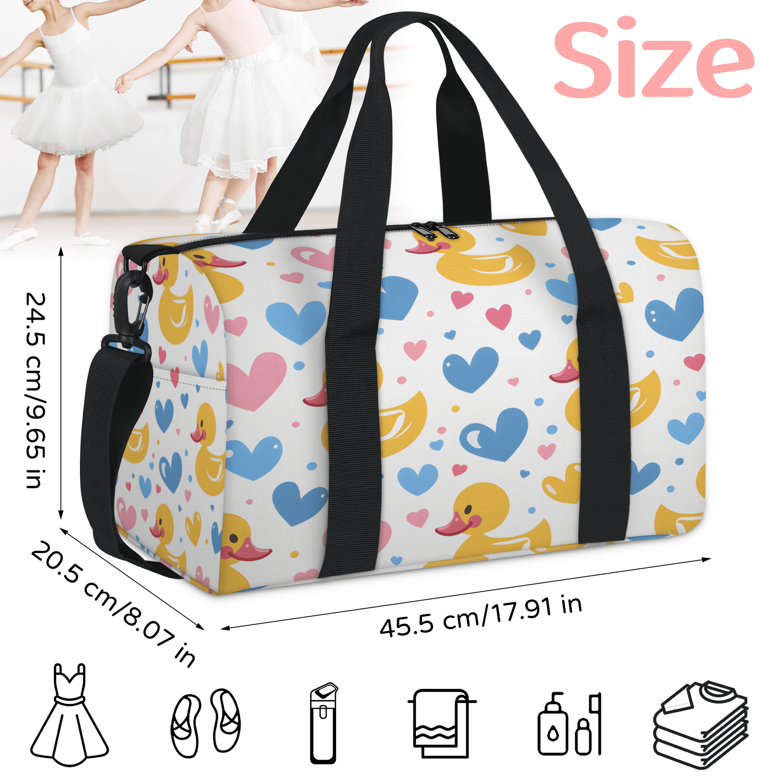 Herdesigns Rubber Duck Gym Bag for Women, Duffle Bag for Travel Sport, Cute Love Lightweight Waterproof Carry on Weekender Dance Yoga Workout Bags