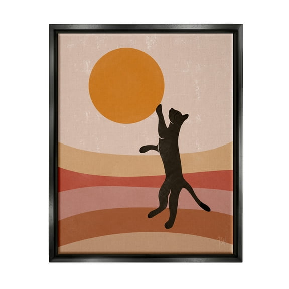 Stupell Industries Black Cat Reaching Stripes Pattern Animals & Insects Painting Black Floater Framed Art Print Wall Art