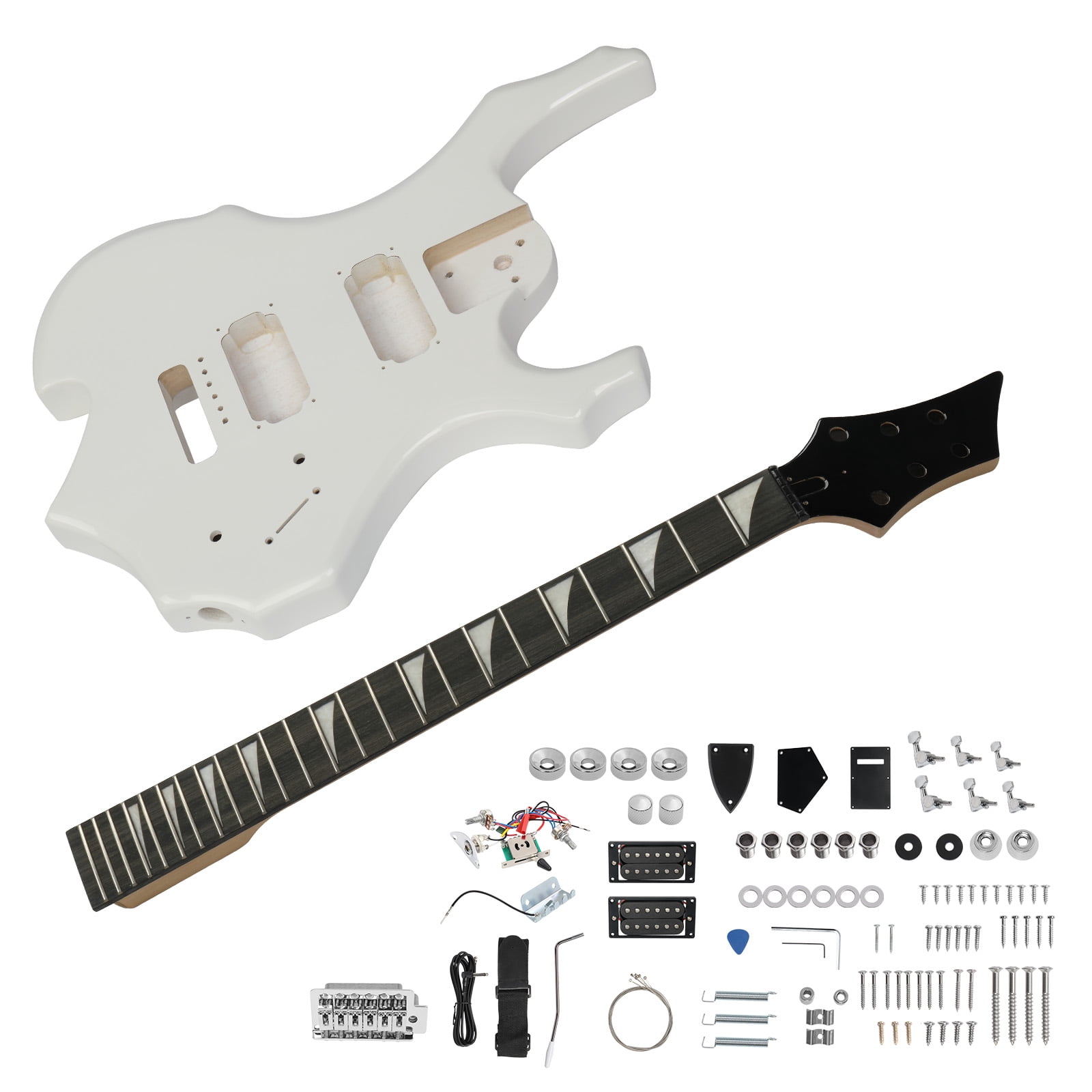 DIY 6 String Flame Shaped Style HSH Electric Guitar Kits with Mahogany Body, Maple Neck and Accessories White