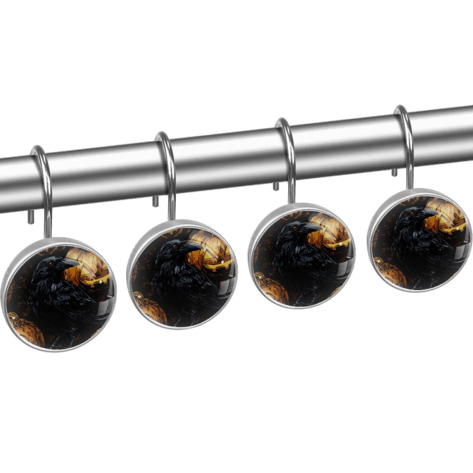 Black Crow Pumpkin Shower Curtain Hooks Round Crystal Glass, Set of 12 Shower Curtain Rings - Shower Hooks for Curtain Shower Rings