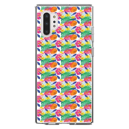 DistinctInk Clear Shockproof Hybrid Case for Galaxy Note 10 PLUS (6.8 Screen) - TPU Bumper Acrylic Back Tempered Glass Screen Protector - Summer Vibes Floral Pattern Pink Green Orange