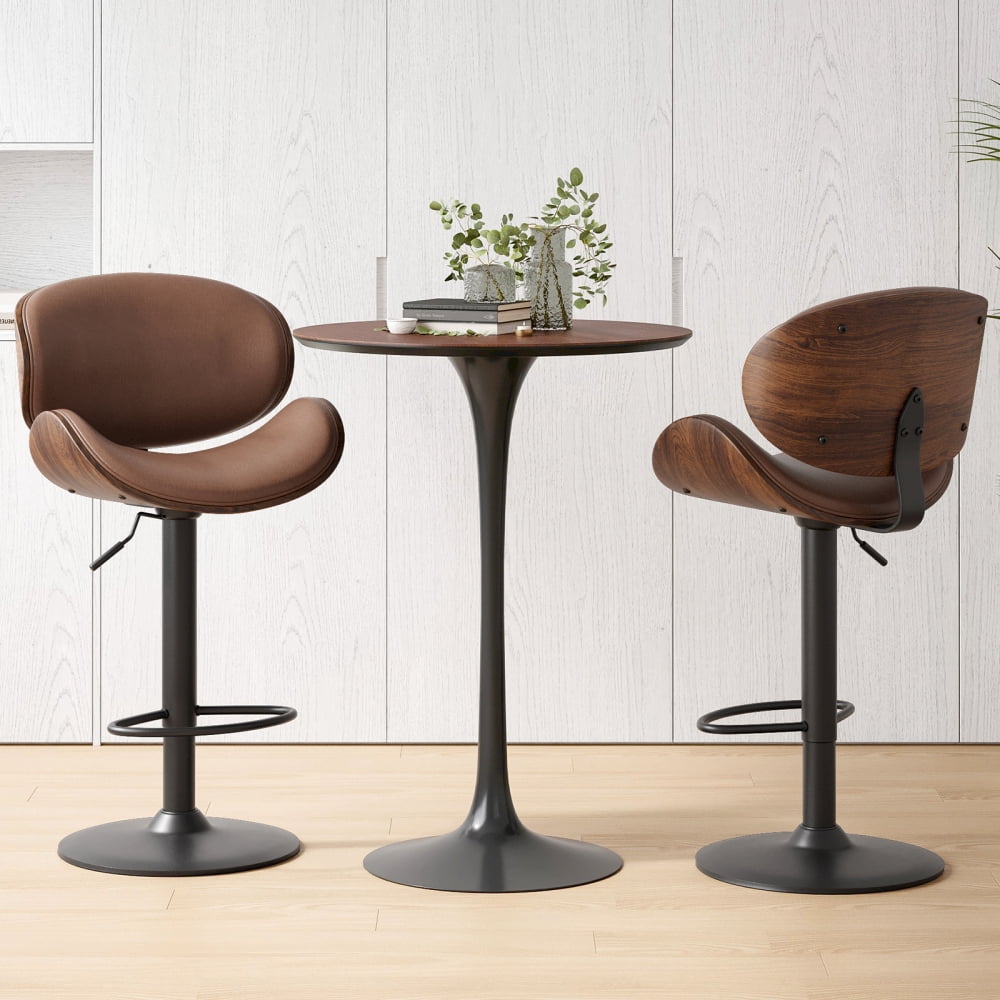 A set of 2 height-adjustable swivel bar stools with PU leather seats and backrests, featuring footrests, suitable for kitchen bar counters or home bars