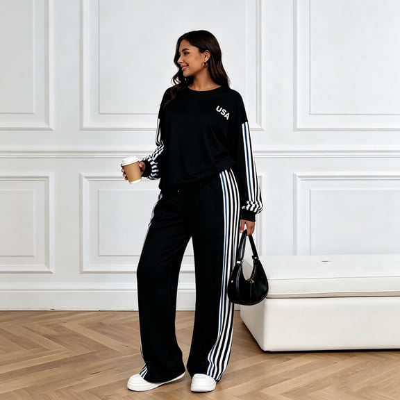 DENTOYOU Women's 2 Piece Lounge Sets - Crew Neck Pullover Long Sleeve Shirts Striped Wide Leg Pants with Pockets Casual Tracksuits for Daily Wear Black L