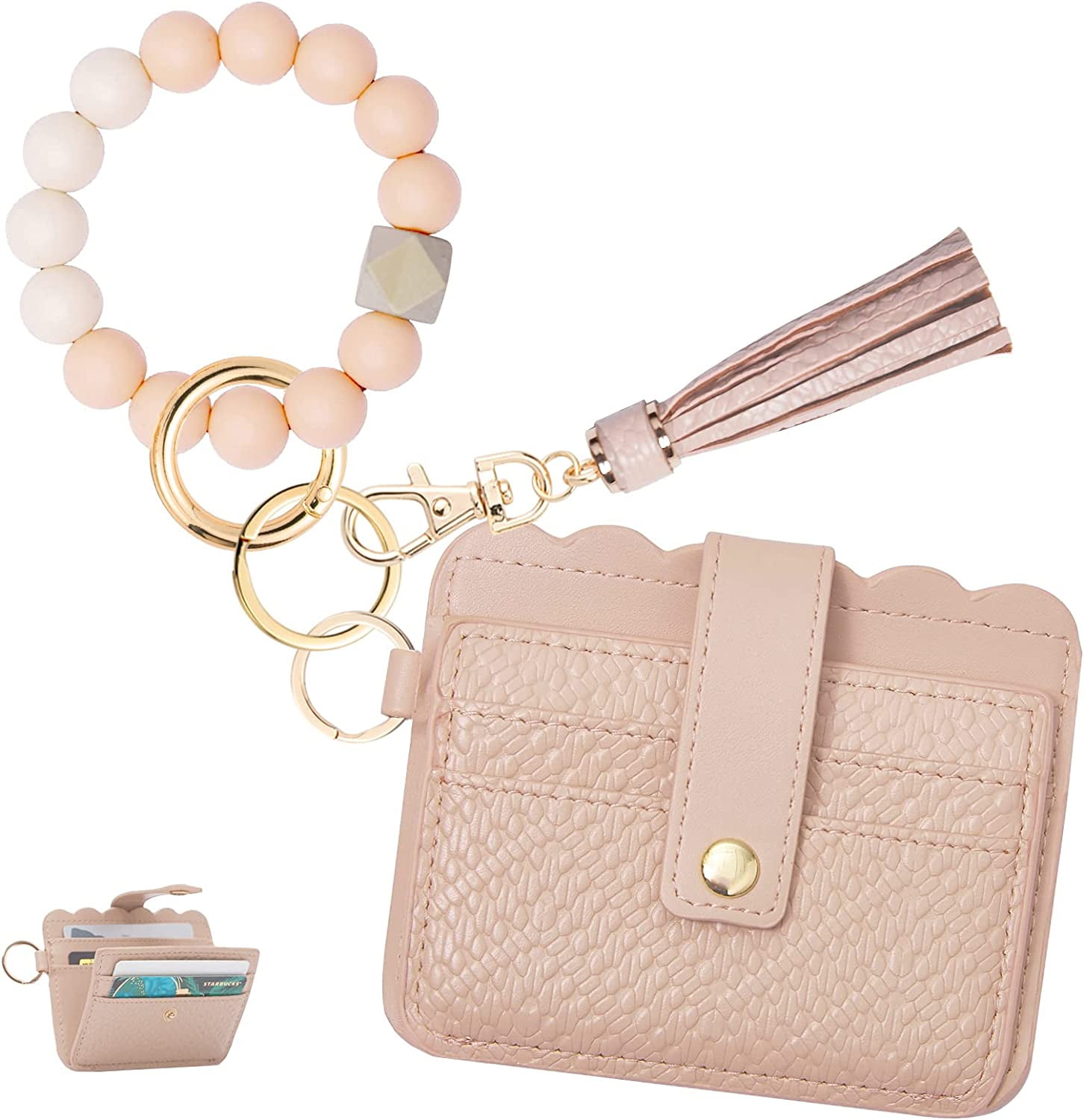 Wristlet Keychain Bracelet Wallet, Silicone ey Ring, Tassel Card Pocket