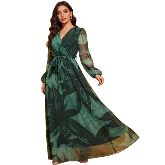 AURA Women V Neck Chiffon Maxi Dress Lantern Sleeve Leaf Print High Waist Elegant Party Dress