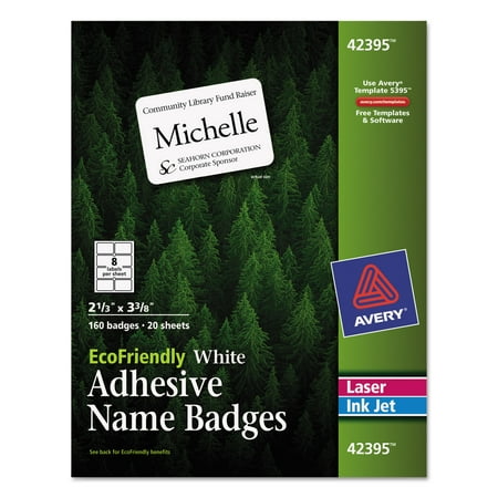 Avery EcoFriendly Adhesive Name Badge Labels, 2 1/3 x 3 3/8, White,