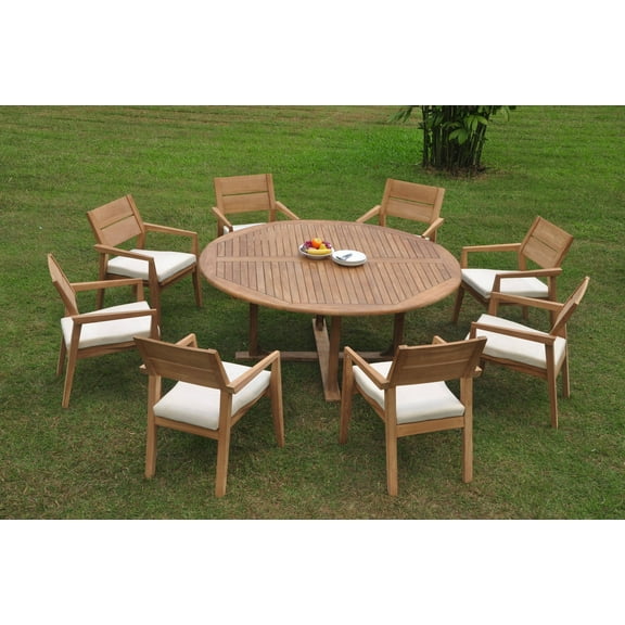 Grade-A Teak Dining Set: 8 Seater 9 Pc: 72" Round Table And 8 Vellore Stacking Arm Chairs Outdoor Patio WholesaleTeak #WMDSWVm