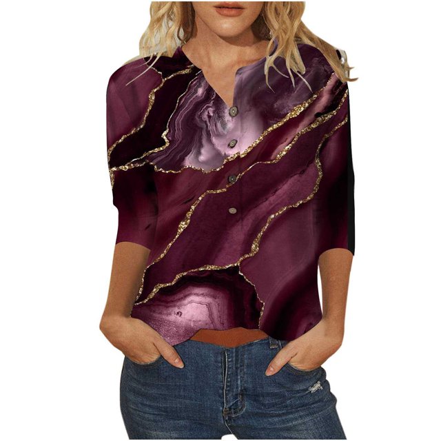 Birdeem Mode Décontractée pour Femmes, T-Shirt à Manches 3/4 avec Boutons et Col Imprimé
