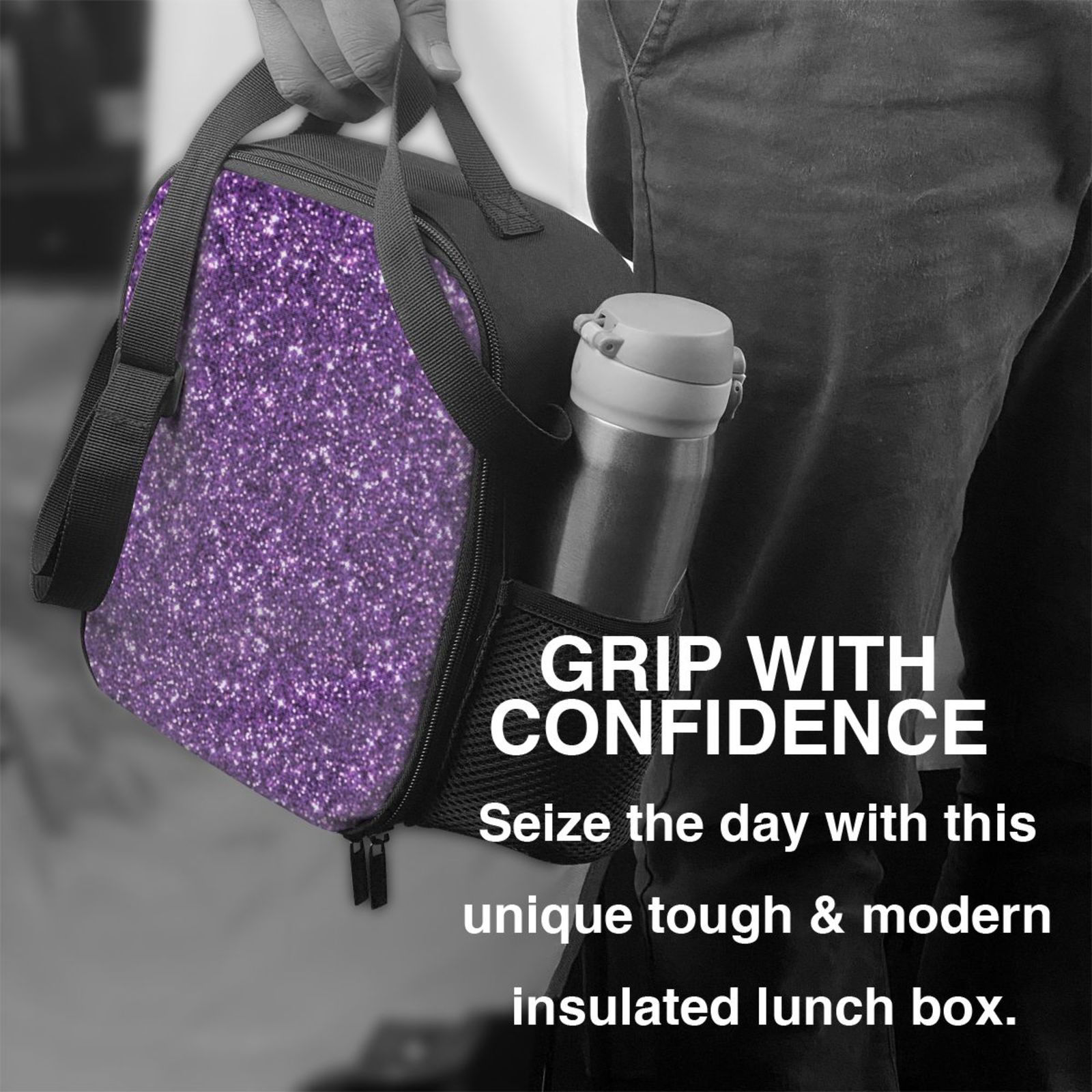 Xecao Purple Glitter Print Lunch Bag - Durable, Double-Insulated Lunch Bag, Holds Lunch Box, Water Bottle, & Snacks,Leakproof Cooler Tote Bag