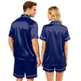 thumbnail image 5 of VV AVEORS Satin Matching Pajamas Sets Couple Silk Button Down Nightwear Women & Men Short Sleeve Sleepwear 2 Pieces Loungewears Royal Blue L, 5 of 8