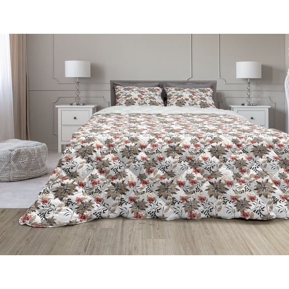 Floral Comforter & Sham Bedding Set, Beauty in the Nature Theme Nostalgic Blossoms and Leaves Garden Plants, 3 pcs Duvet Set Microfiber Filling Quilt, 5 Sizes, Multicolor, by Ambesonne